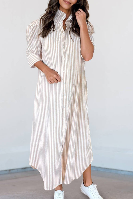 Stripe Frilled Collar Half Sleeve Shirt Maxi Dress with khaki stripes and rolled sleeves. Available in sizes S, M, L, XL.