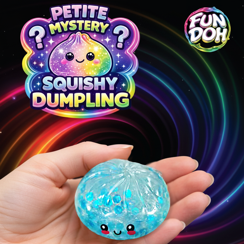 Fun Doh Squishy Mystery Mini Petite Dumpling Toy, 2.5", sparkly blue with smiling face; stress relief squishy available in 2.5".