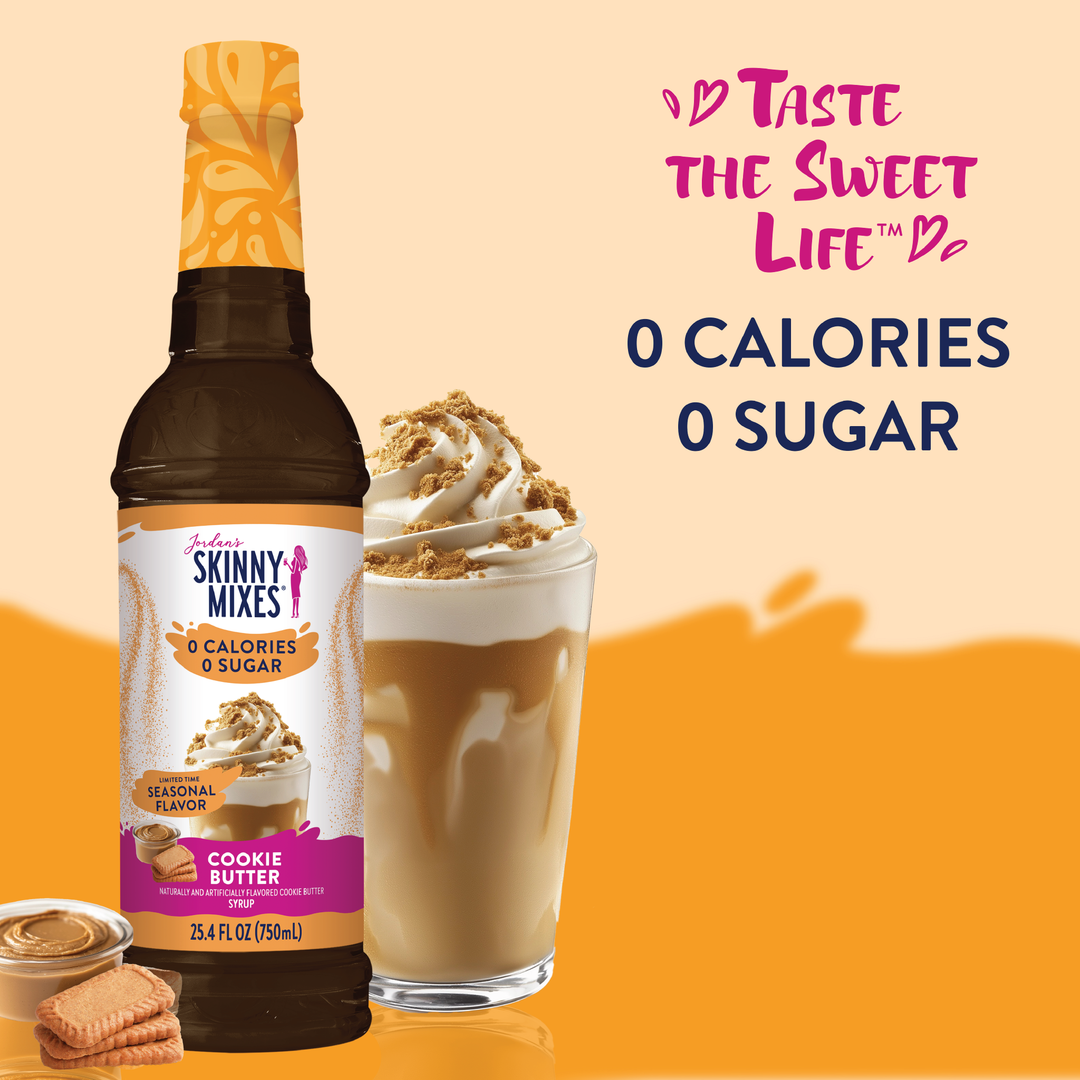 750ml bottle of Sugar Free Cookie Butter Syrup (Harvest), featuring “Taste the sweet life,” “0 calories,” and “0 sugar.”