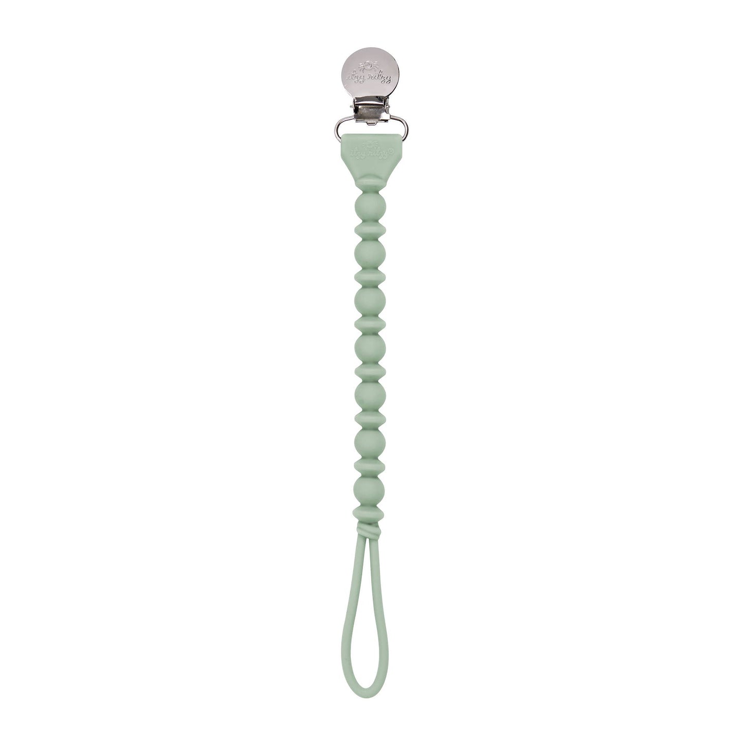 A Sweetie Strap™ Silicone One-Piece Pacifier Clips: Hero Blue Beaded pacifier clip with a series of beads leading to a loop at the bottom, and a metal clip at the top for attachment.