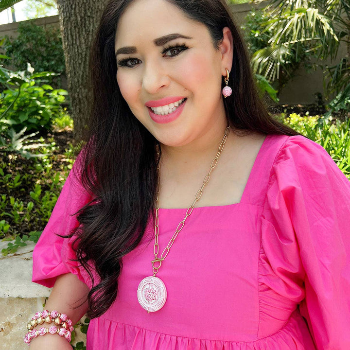 Ophelia Pink Chinoiserie Pendant T-Bar Necklace in Pink &amp; White, available in 16" and 18" chain lengths.