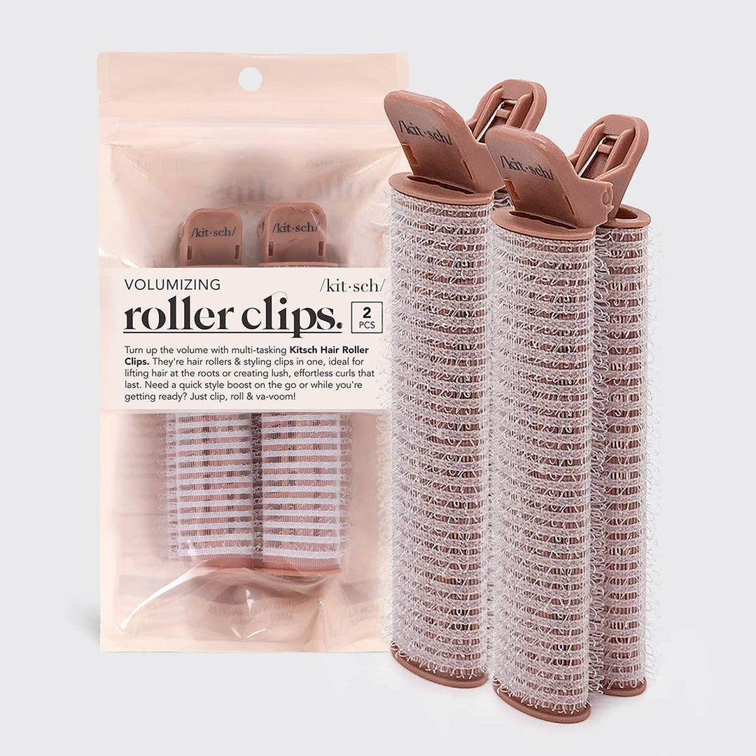 Three brown Kitsch Volumizing Roller Clips shown, with "Volumizing Roller Clips" label. Sizes available: Small, Medium, Large.