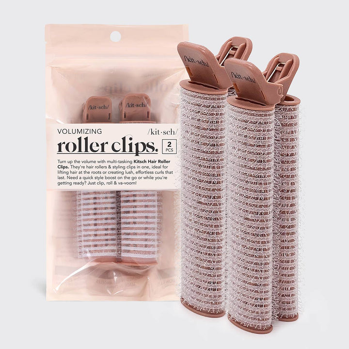 Three brown Kitsch Volumizing Roller Clips shown, with "Volumizing Roller Clips" label. Sizes available: Small, Medium, Large.