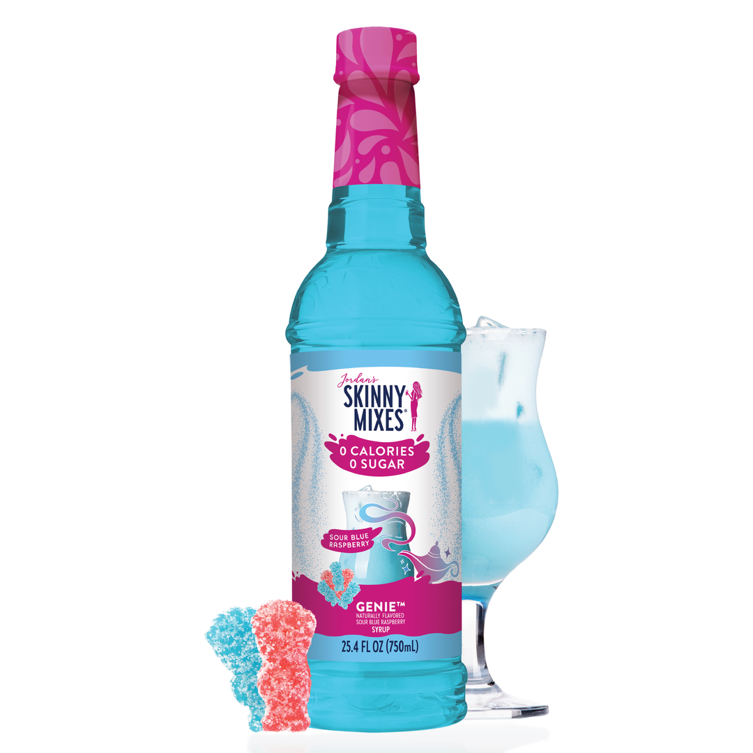 Sugar Free Sour Genie™ Syrup bottle with blue liquid, labeled sugar free and zero calorie. Available in 375ml and 750ml sizes.