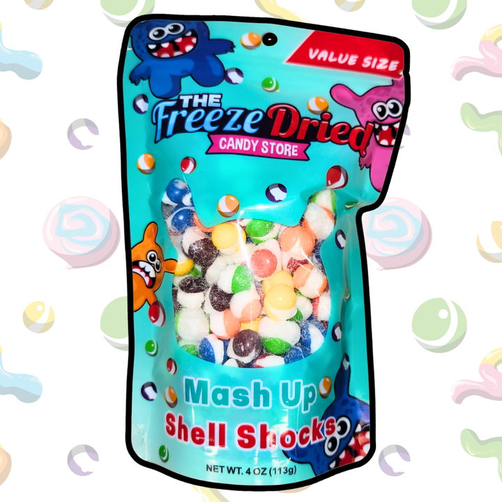 Freeze Dried Shell Shocks: Sour Wild Berry, round assorted candy in a colorful 4 oz Value Size singles pack.