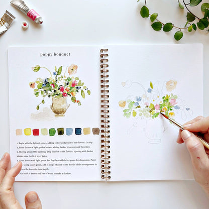 Bouquets Watercolor Workbook with floral illustrations, color swatches, and outlines. Available in 8x10 and 9x12 inches.