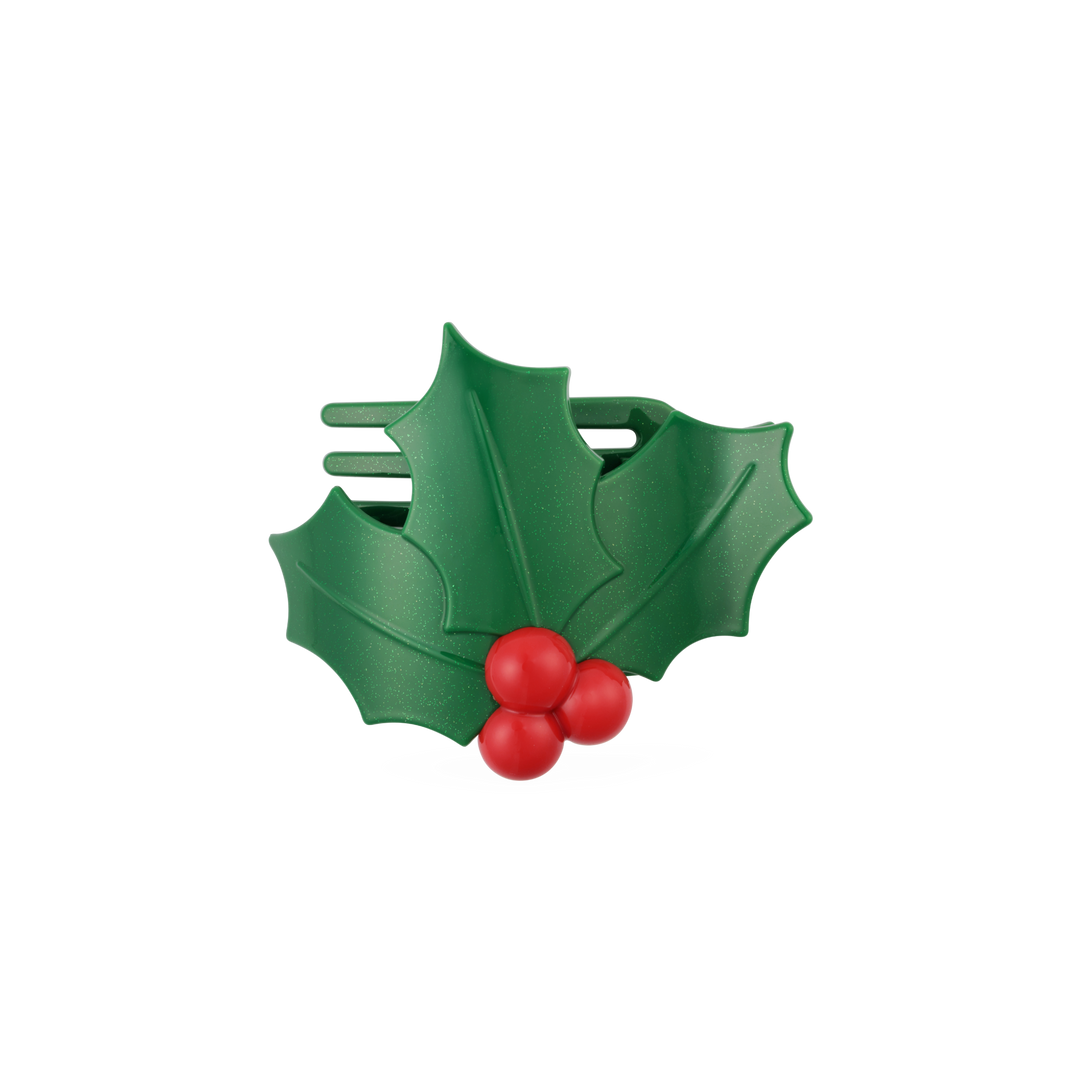 Glitter holly leaves flat hair clip with three red berries.