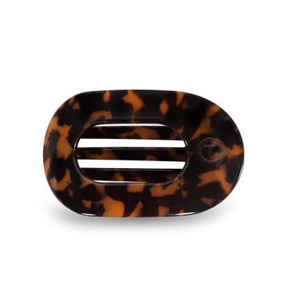 TELETIES Flat Round Hair Clip: oval tortoiseshell, two horizontal slats, circular accent. Sizes: small, medium, large.
