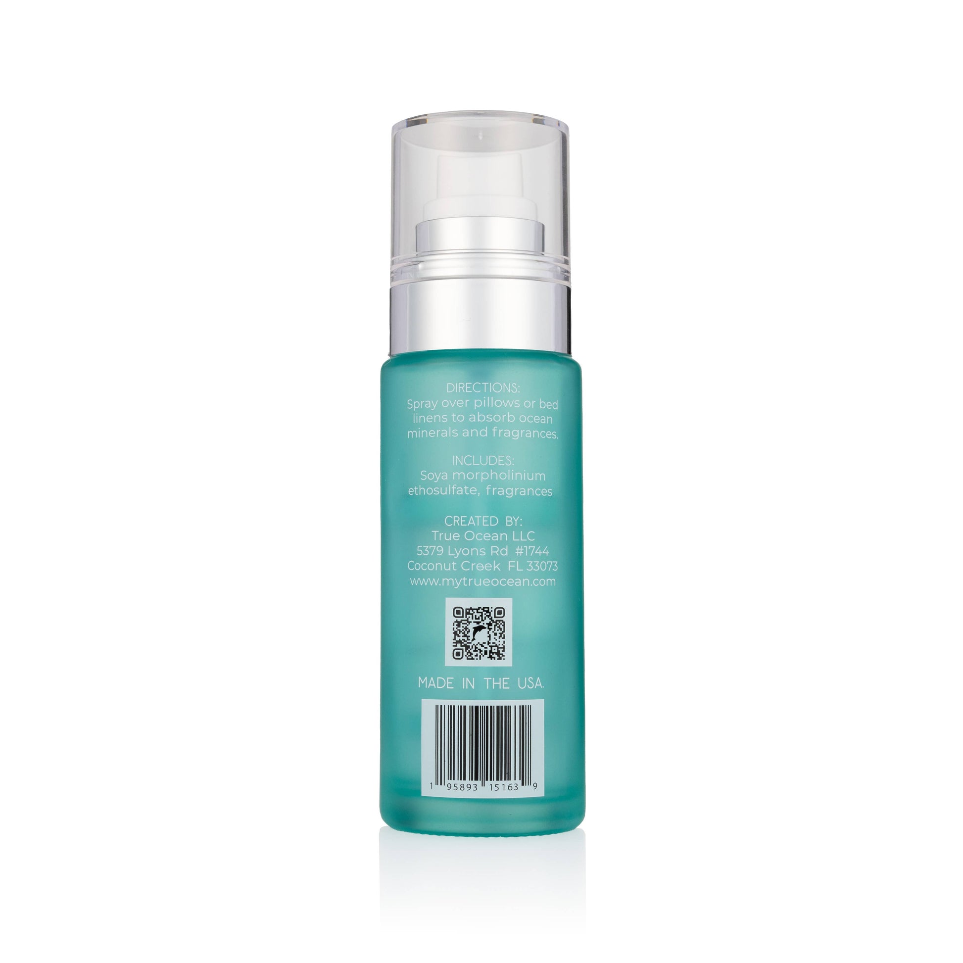 Teal True Ocean Pillow Mist, 2.7oz spray bottle with clear cap; back label includes info and scent hints; 2.7oz size available.