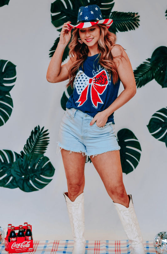 God Bless America Bow Tank, available in sizes S-XL; blue with patriotic bow design.