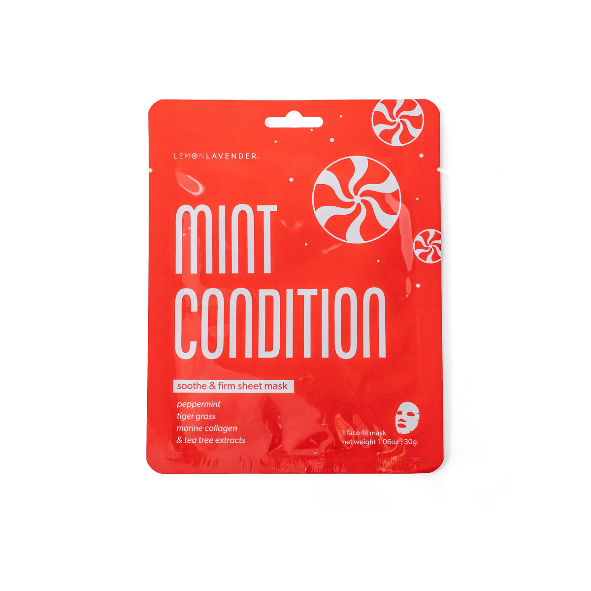 Lemon Lavender Let It Glow Holiday Face Masks come in a festive red packet labeled “Mint Condition” with peppermint swirl designs. Made in Korea, each single-use sheet mask contains peppermint, tiger grass, marine collagen, and tea tree extracts for soothing and firming skin. Available in single-use size only.