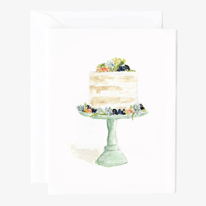 Set of 8 Cake Notecards with watercolor cake, berries, and flowers. Sizes available; concise design for any occasion.