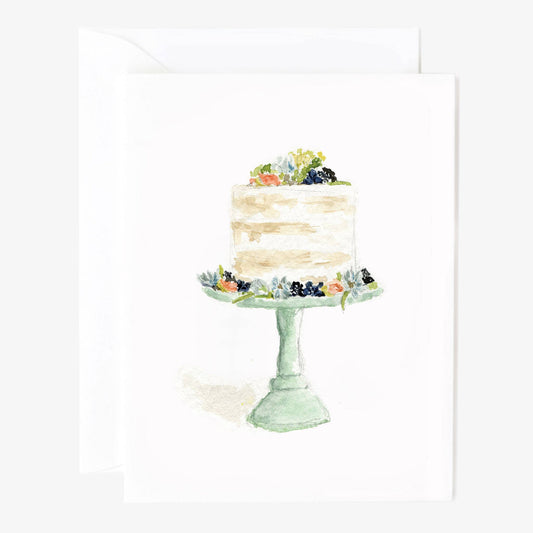 Set of 8 Cake Notecards with watercolor cake, berries, and flowers. Sizes available; concise design for any occasion.