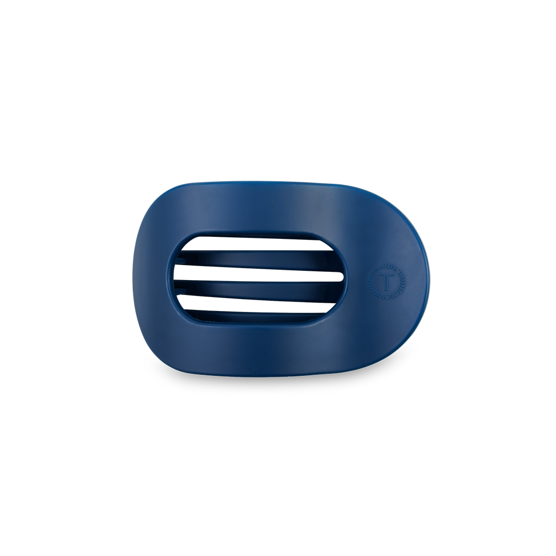 Blue oval plastic soap dish with three center drainage slots and smooth edges; available in small and large sizes.