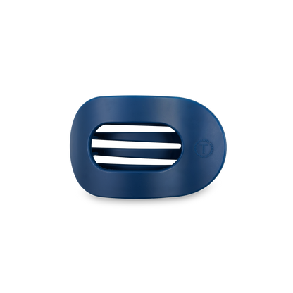 Blue oval plastic soap dish with three center drainage slots and smooth edges; available in small and large sizes.