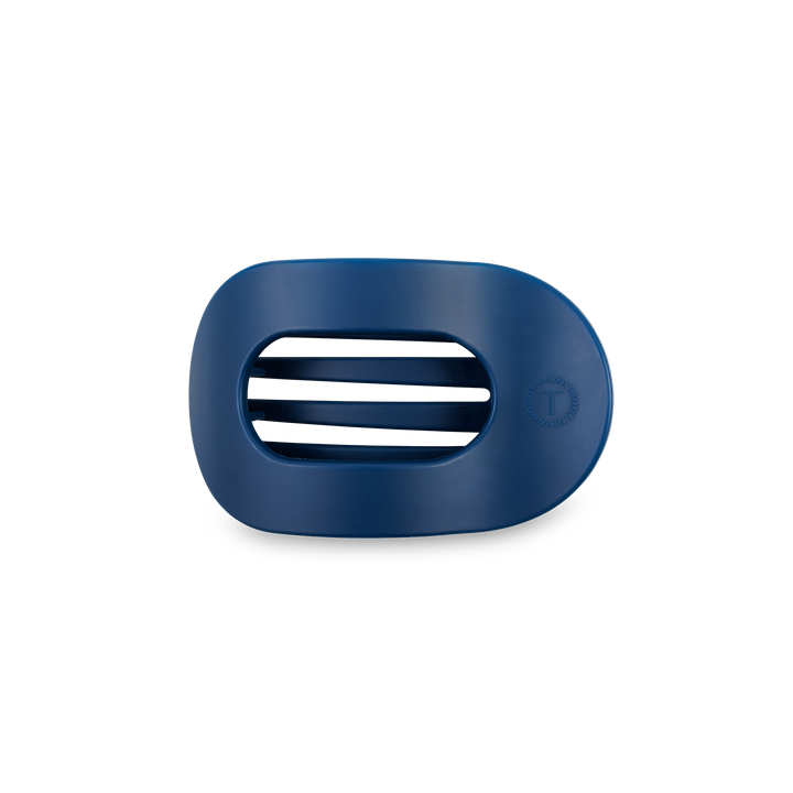 Blue oval plastic soap dish with three center drainage slots and smooth edges; available in small and large sizes.