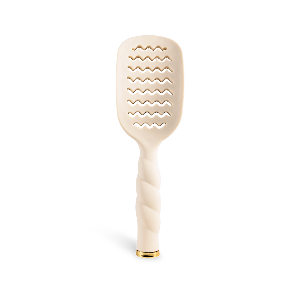 The Vented Hair Brush | Tan features a twisted handle, gold-accented base, and wavy openings on a beige brush head. Available in multiple sizes.