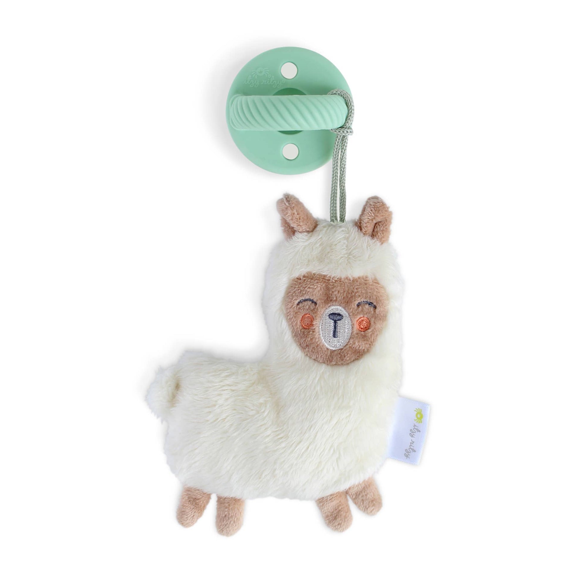 A plush Dino toy with beige and white fur hanging from a light green clip attached to a gray string, isolated on a white background, known as Sweetie Pal™.