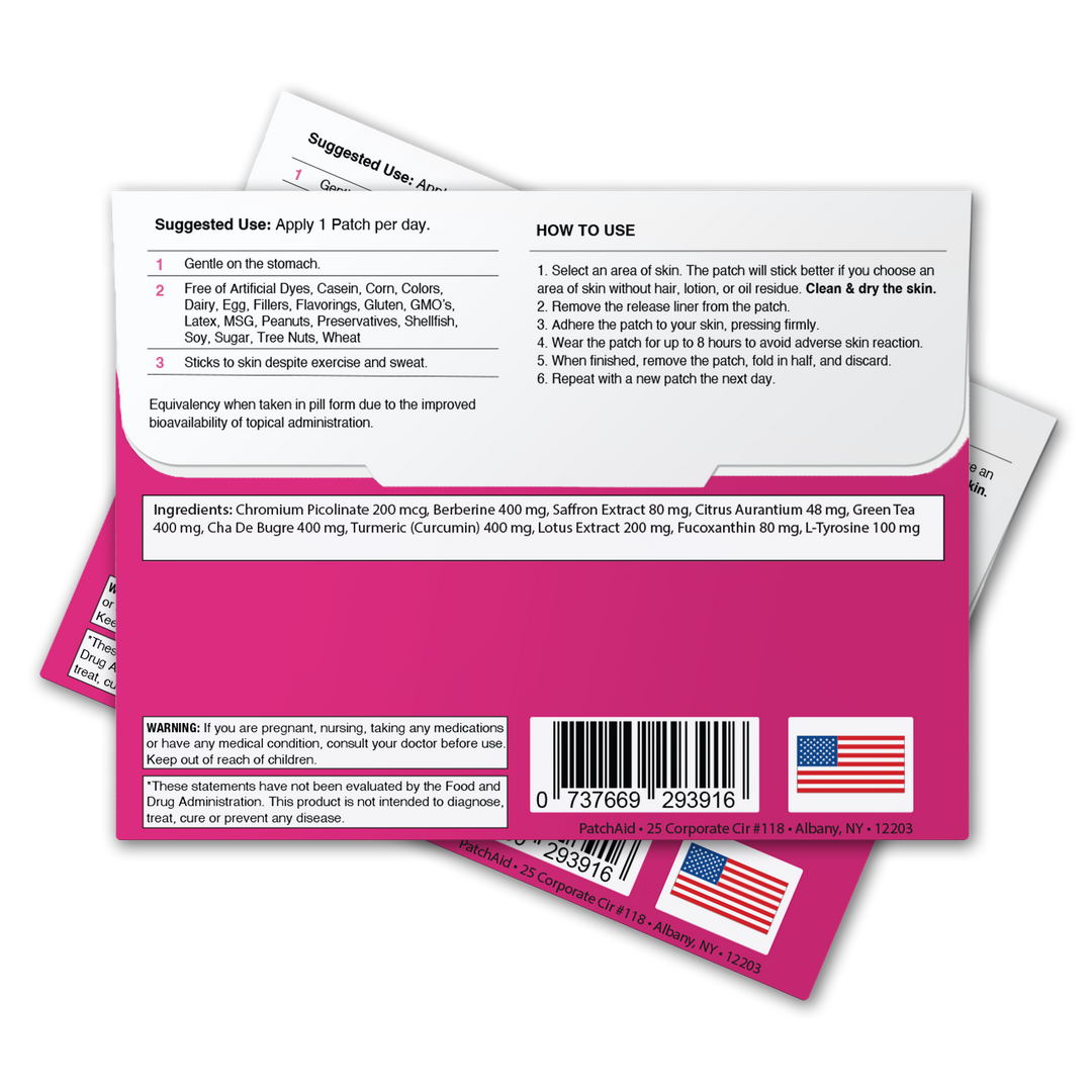 Slim Trim Appetite Suppressant Patch – Craving Control, 1-Pack size, in pink and white packaging with visible instructions, ingredients, barcode, supplement facts, and an American flag.