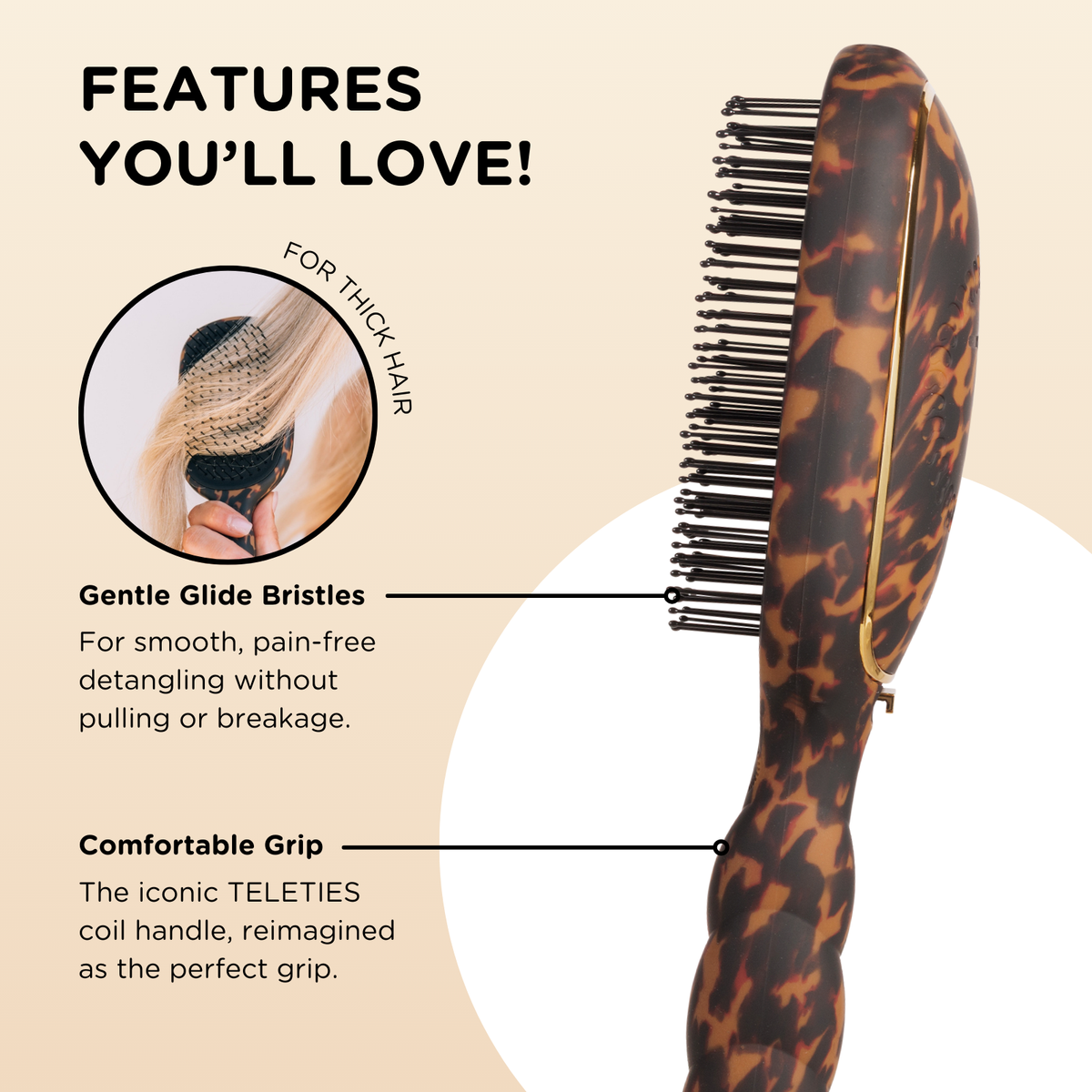 A Detangler Hair Brush for Thick Hair - Tortoise, shown with gentle glide bristles and a comfortable coiled handle in a brown tortoiseshell design. Available in multiple sizes.