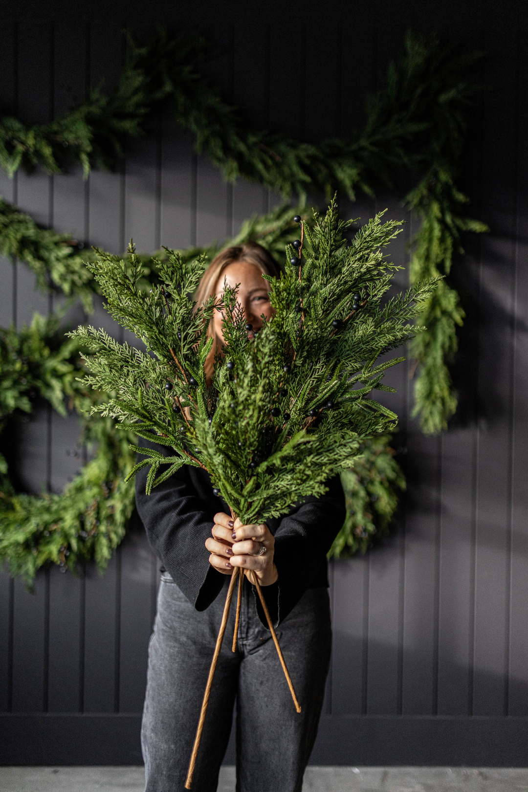 22-inch Navy Plum Berry Norfolk Cypress Real Touch Stems bundle with small dark berries.