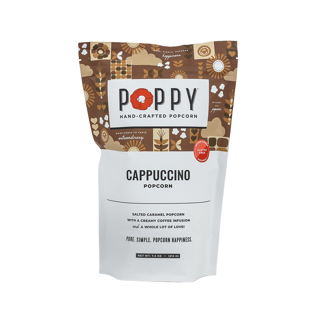 7.5 oz bag of Poppy Hand-Crafted Cappuccino Popcorn, coffee-infused salted caramel flavor, brown and white packaging.