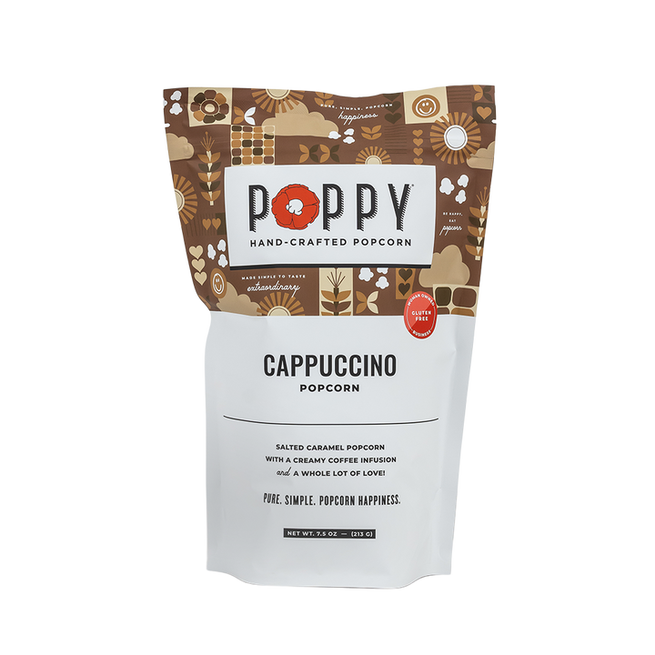 7.5 oz bag of Poppy Hand-Crafted Cappuccino Popcorn, coffee-infused salted caramel flavor, brown and white packaging.