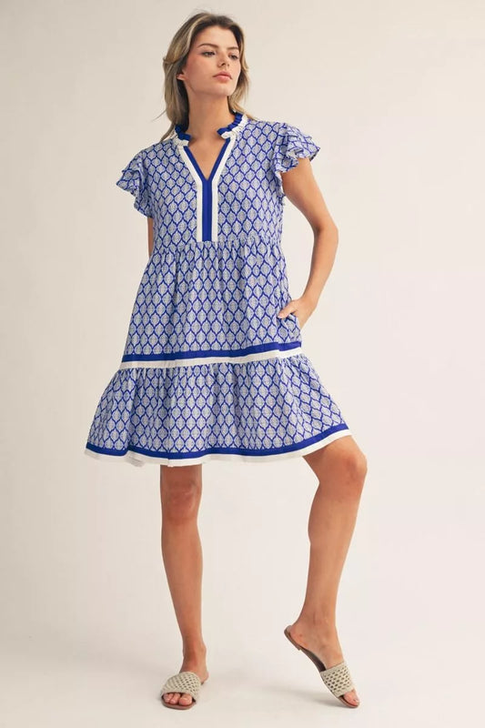 Royal Blue Baroque Pattern Tiered Dress