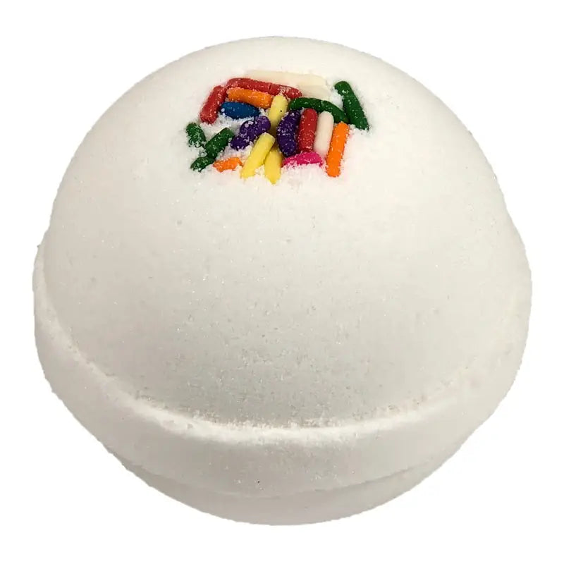 White spherical bath bombs with a cluster of colorful candy sprinkles on one side. Available in small, medium, and large sizes.