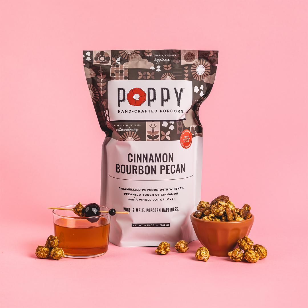 Cinnamon Bourbon Pecan Popcorn bag, gluten-free and Southern-inspired. Available in 4oz and 8oz sizes.