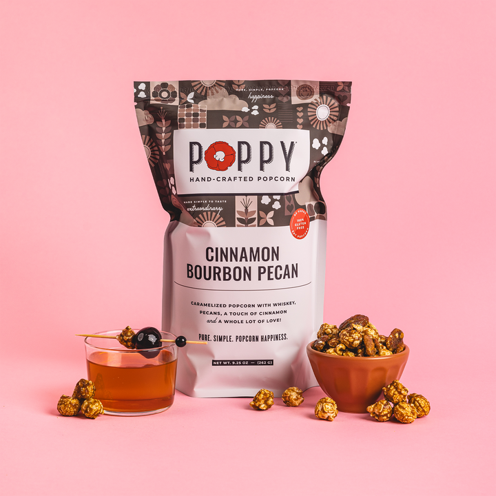 Cinnamon Bourbon Pecan Popcorn bag, gluten-free and Southern-inspired. Available in 4oz and 8oz sizes.