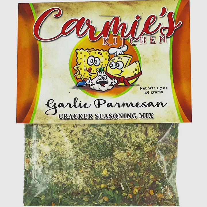1.7 oz (49g) Garlic Parmesan Cracker Seasoning Mix with savory Italian flavors; package has cartoon cheese, garlic, crackers, window.