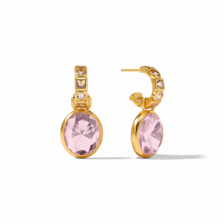 24K gold-plated hoops with oval pink gemstones and clear crystals. Jolie Hoop &amp; Charm Earrings Rose. Sizes: S, M, L.