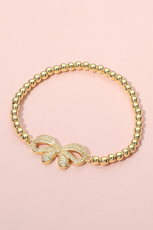 Stainless Steel Bow Ball Beaded Stretch Bracelet