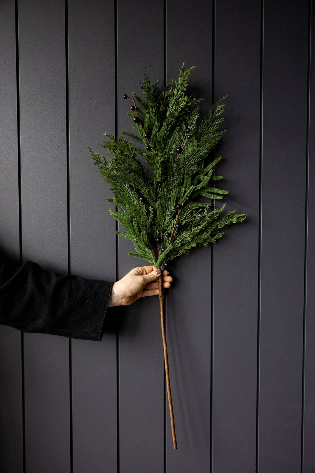 22-inch Navy Plum Berry Norfolk Cypress Real Touch small stem with blue plum berries.