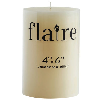 Cream-colored, round Flaire Unscented Pillar Candle, 4"x6", with "flaire" text and flame icon. Long burn time.