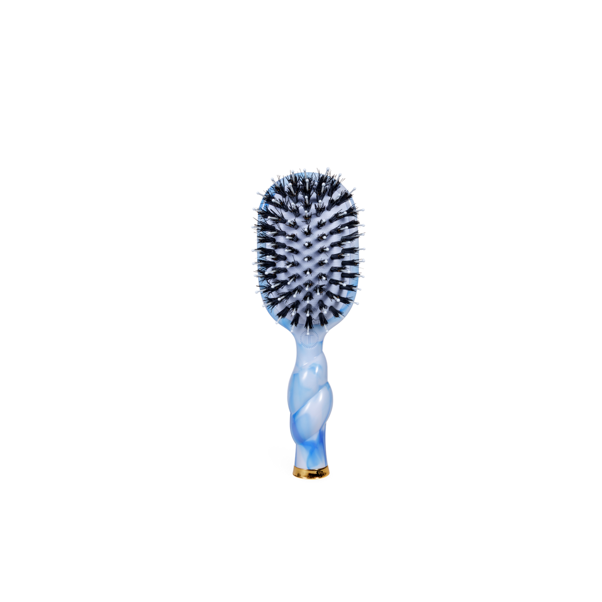 The Mini Boar Brush | Tide & True: blue travel hair brush with black natural bristles and twisted handle. Available in travel size.