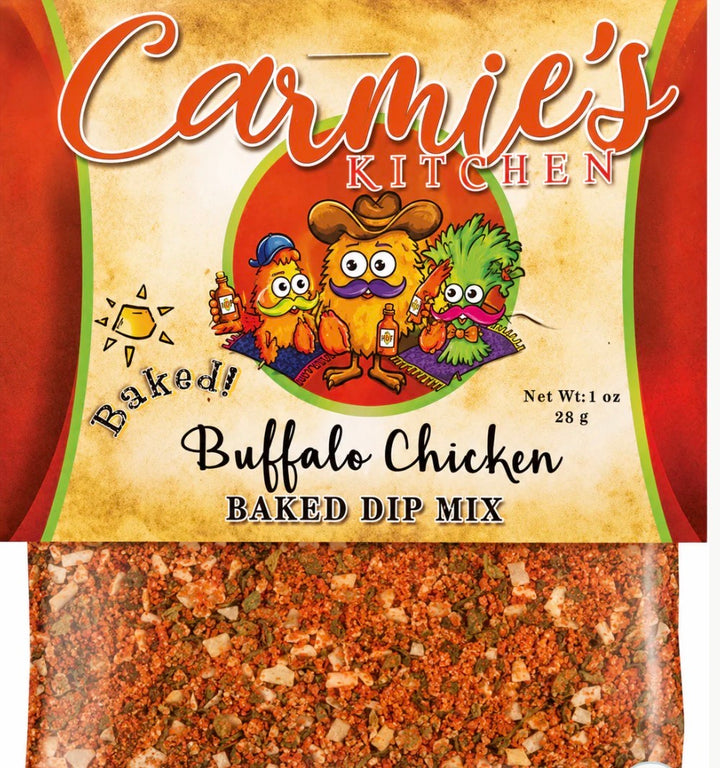 Carmie’s Dip Mix package, orange and green seasoning inside. Features cartoon chicken, cow, celery. Available in 8oz.