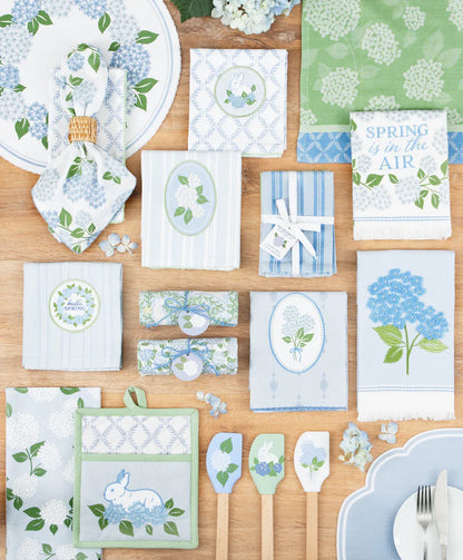 White Hydrangea Embellished Dishtowel in fresh green, blue, and white. Available sizes: 18"x28".