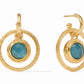 These Astor Statement Hoop & Charm Earrings feature a textured finish with a central teal stone. The stone is set in a smaller dangling hoop. The earrings are crafted from 24K gold plate. Available in one size.