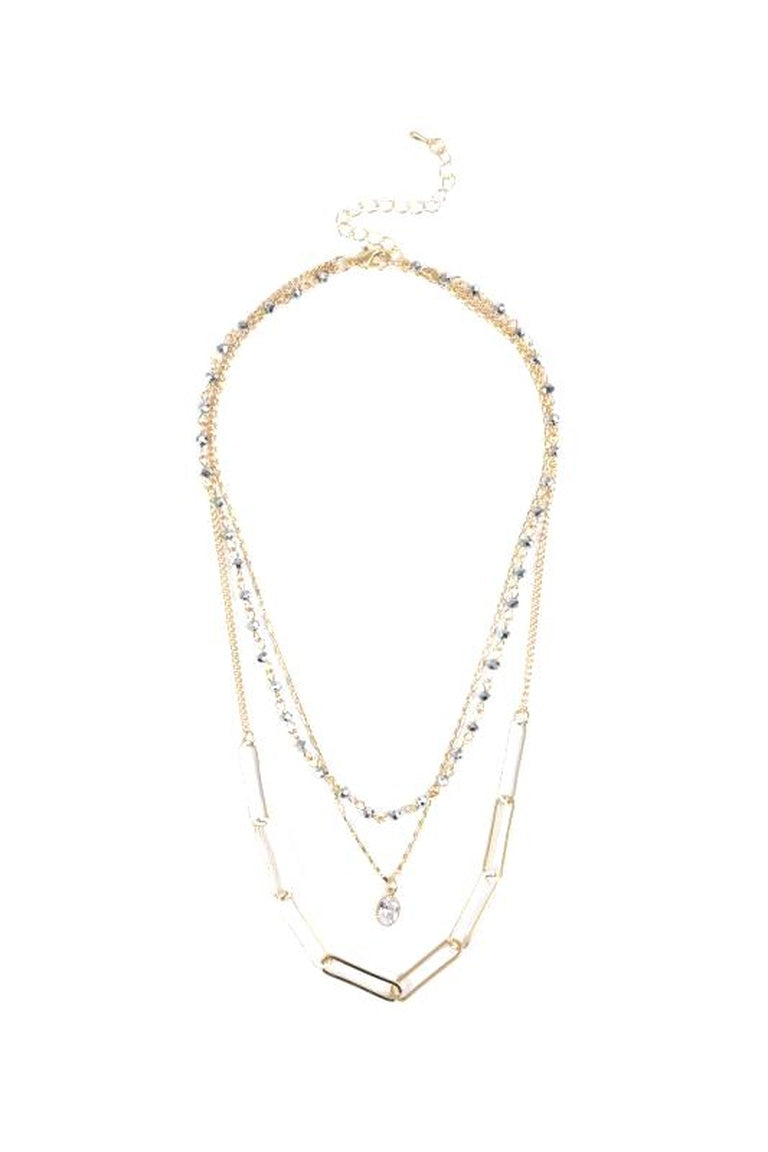 Three gold layered chains: hematite beads, crystal solitaire, rectangular links. Adjustable clasp. Sizes available: S, M, L.