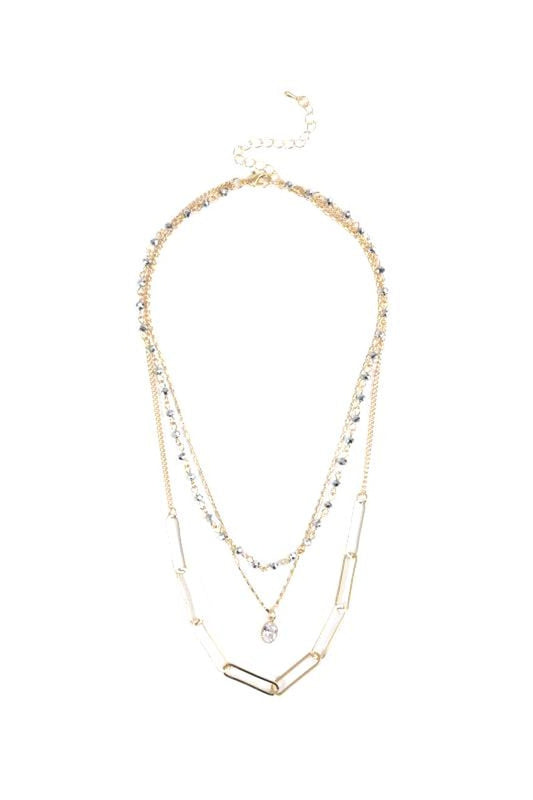 Three gold layered chains: hematite beads, crystal solitaire, rectangular links. Adjustable clasp. Sizes available: S, M, L.