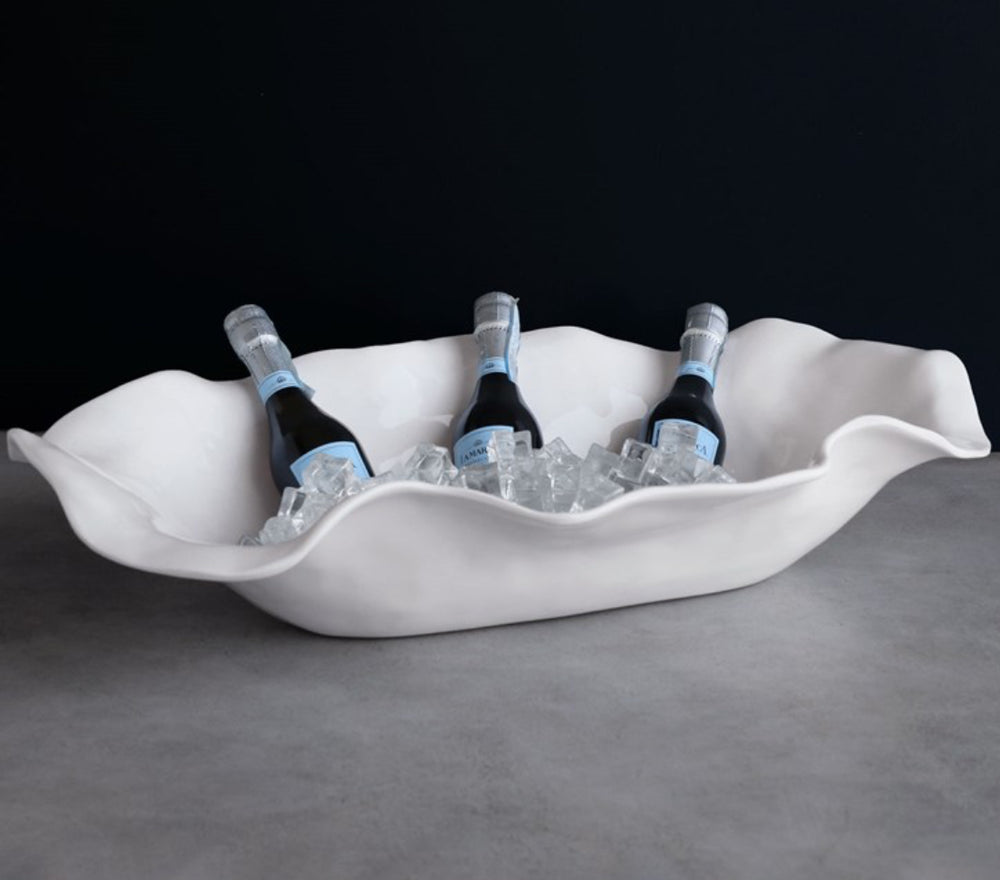 The Havana Extra Long Oval Centerpiece: white melamine bowl with wavy edges, available in 21" and 25" sizes.