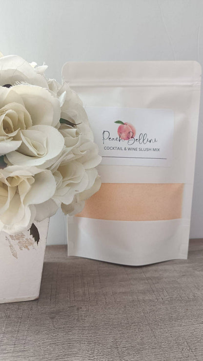Wine & Cocktail Slush Mix Bag with peach illustration; available in 16oz and 32oz sizes.