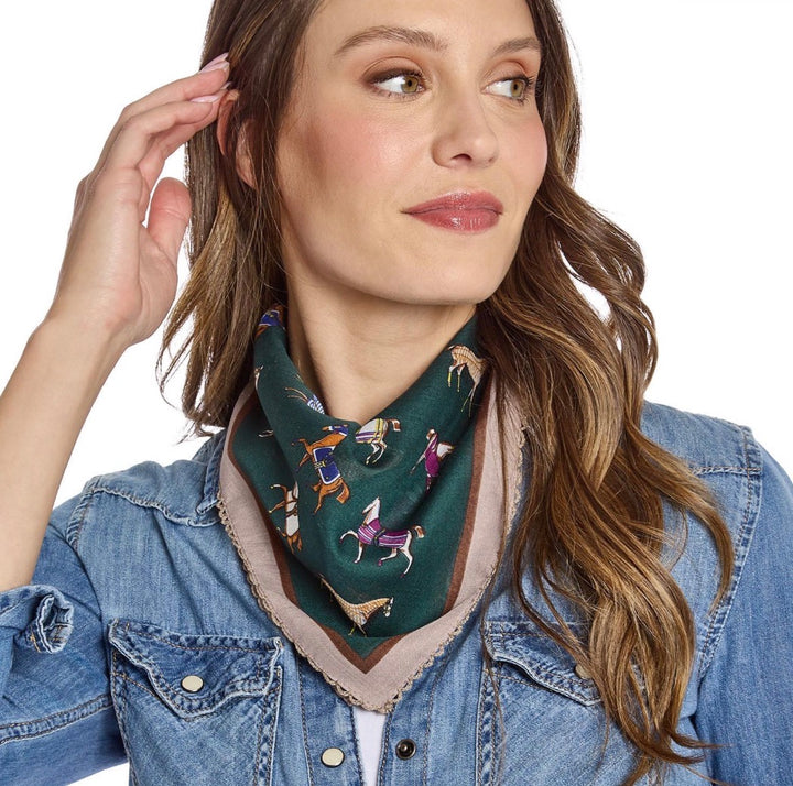 Horse Play Soft Square Scarf, lightweight polyester with horse motif, available in sizes 27″x27″ and 35″x35″.