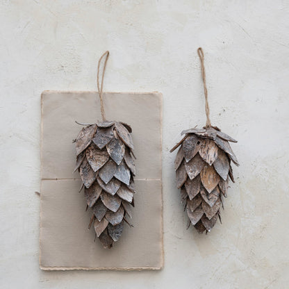 Round.   Birch Bark Pinecones Ornament
