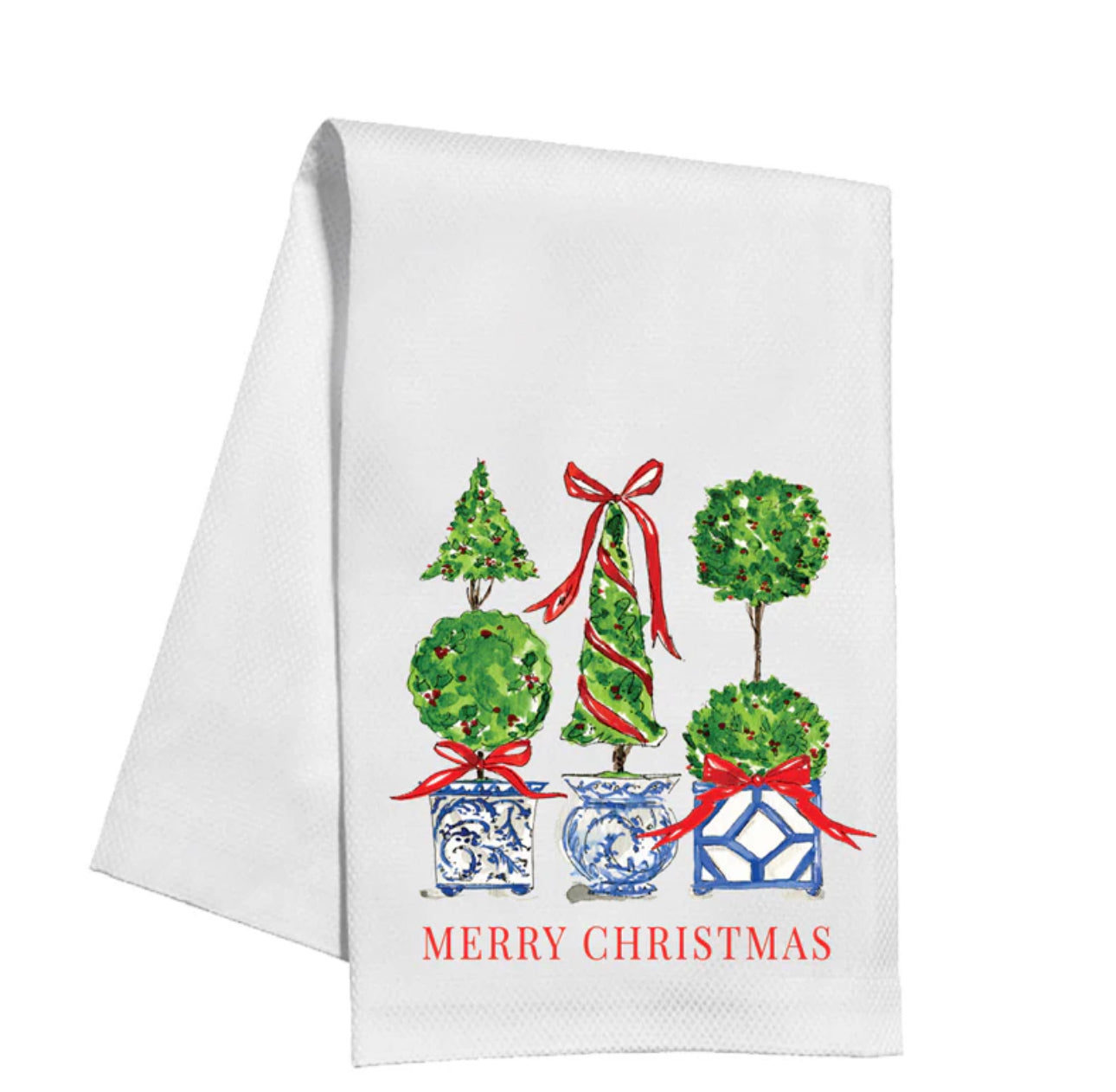 Holiday Handpainted Kitchen Towels: 100% cotton, white with illustrations of four Christmas potted topiary trees. Features red ribbons and one striped tree. "MERRY CHRISTMAS" in red text. Machine-washable. Sizes available: Standard Kitchen Towel Size.