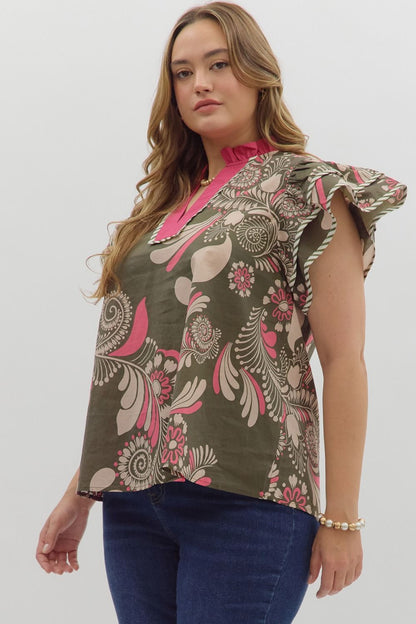 Paisley Tiered Top with green, pink, and beige floral print, flutter sleeves. Available in sizes XS-XL.