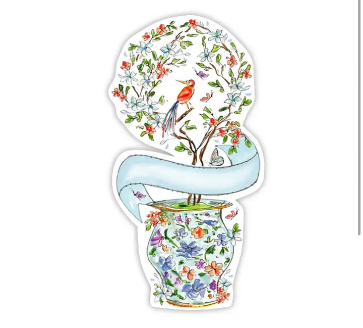 Die Cut Accents: vibrant floral vase, branch wreath, perched birds, blue ribbon. Available sizes: small, medium, large.