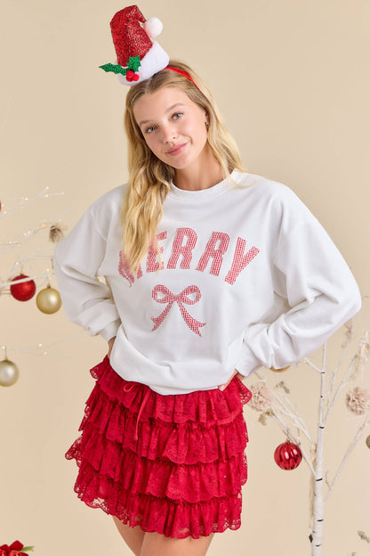 Merry Patchwork Sweatshirt with Ribbon Bow Detail